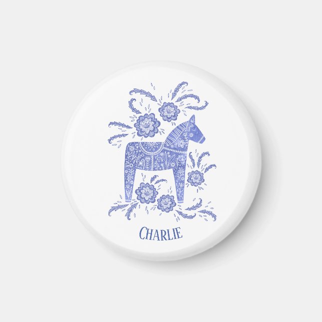 Dala Horse Blue Swedish Folk Art Custom Name Magnet (Front)