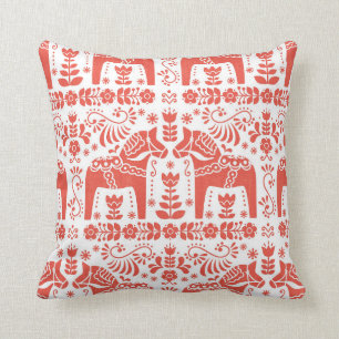 Dala Horse, Coral & White Folk Print Cushion