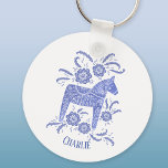 Dala Horse Swedish Folk Art Blue Custom Name Key Ring<br><div class="desc">A periwinkle blue and white painting of a  Swedish Dala Horse. 
Lovely for Christmas,  or for horse and pony lovers at any time of year.
Change the name to customize.</div>