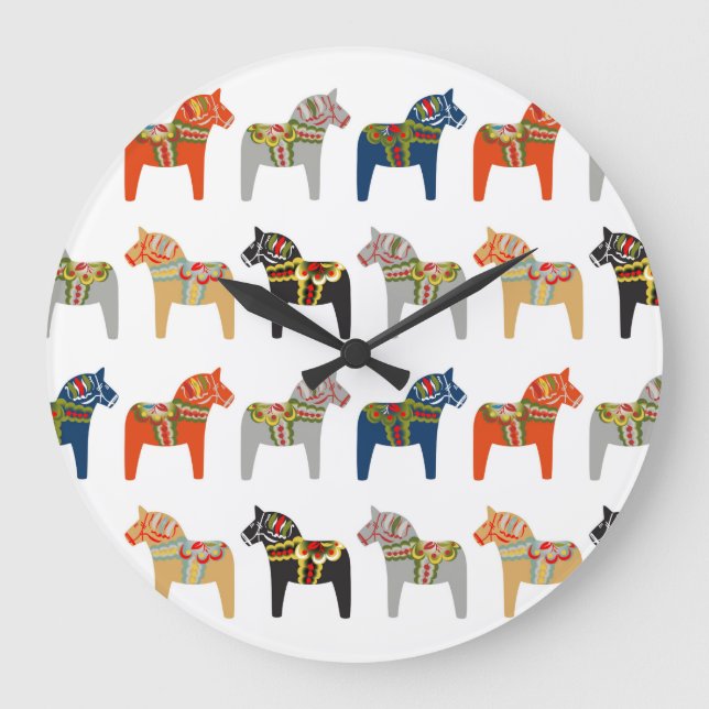 Dala Horse Swedish Folk Art Pattern Large Clock (Front)