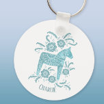 Dala Horse Swedish Folk Art Teal Green Custom Name Key Ring<br><div class="desc">A teal green and white painting of a  Swedish Dala Horse. 
Lovely for Christmas,  or for horse and pony lovers at any time of year.
Change the name to customize.</div>