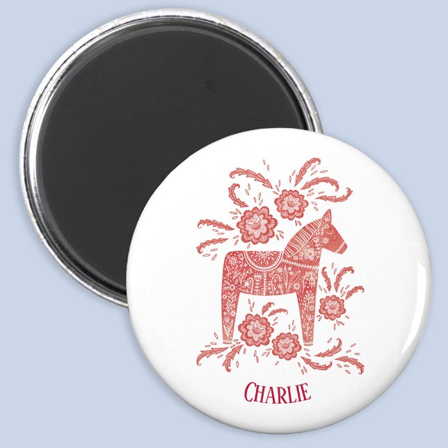 Dala Horse Swedish Personalised Magnet (Swedish Dala Horse red and white folk art personalized name magnet)