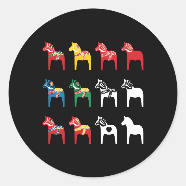 Dalecarlian Dalarna Colourful Swedish Dala Horses Classic Round Sticker (Front)