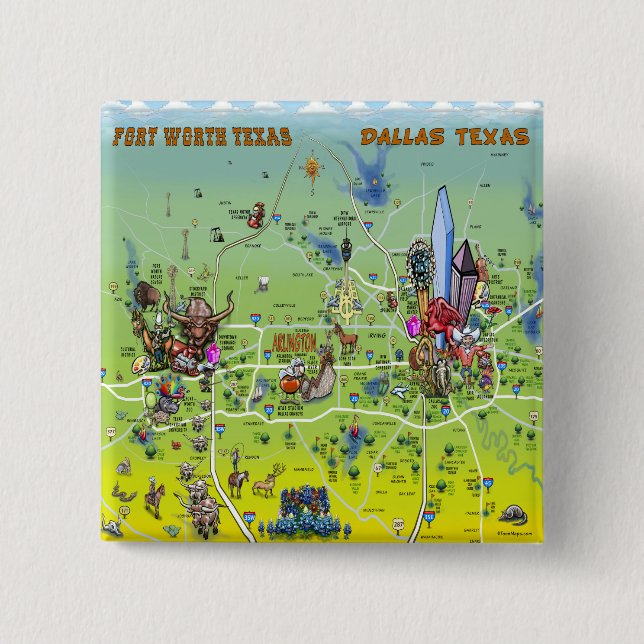 Dallas Fort Worth Cartoon Map 15 Cm Square Badge (Front)