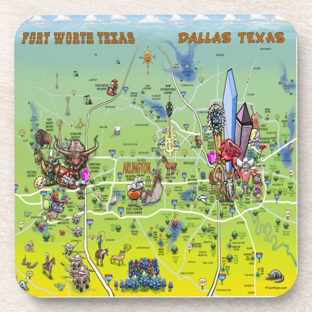 Dallas Fort Worth Cartoon Map Coaster (Front)