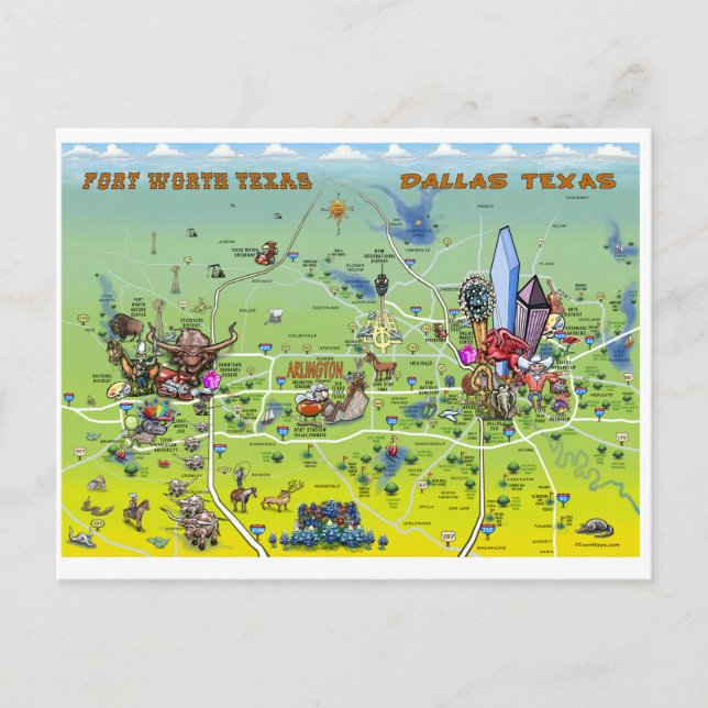 Dallas Fort Worth Cartoon Map Postcard (Front)