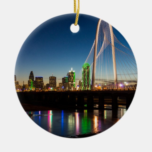 Dallas Skyline Dawn Ceramic Tree Decoration (Front)