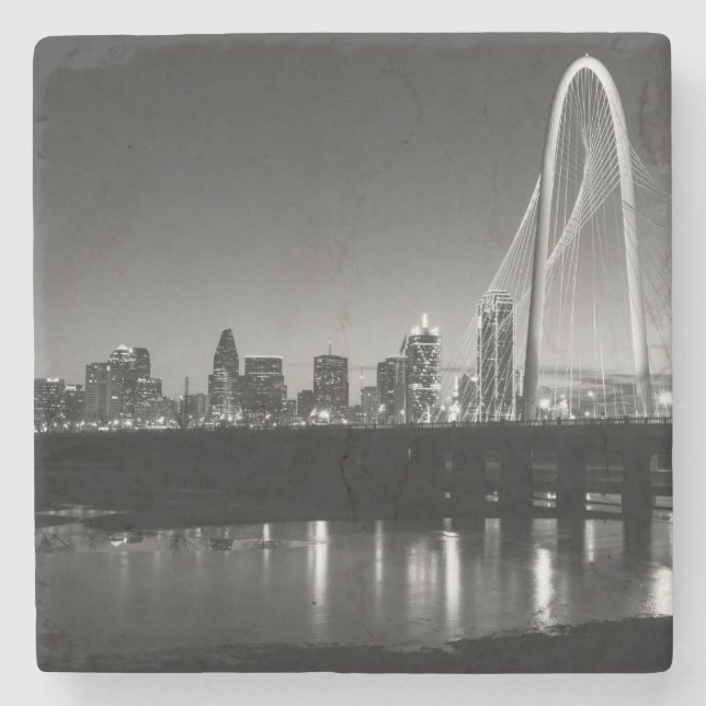 Dallas Skyline Dawn Grayscale Stone Coaster (Front)