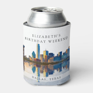 Dallas Skyline Watercolor Birthday Weekend Can Cooler