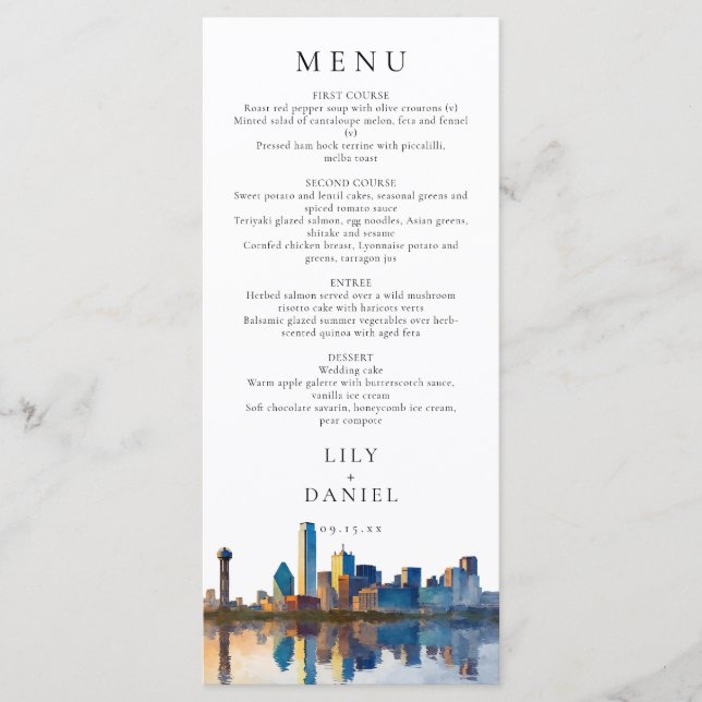 Dallas Skyline Watercolor Destination Wedding Menu (Front)