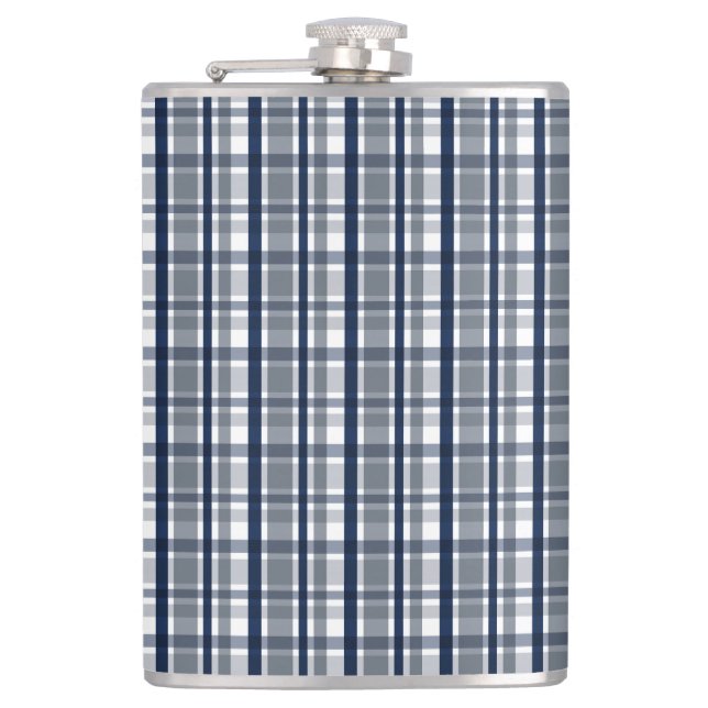 Dallas Sports Fan Silver Navy Blue Plaid Striped Hip Flask (Front)