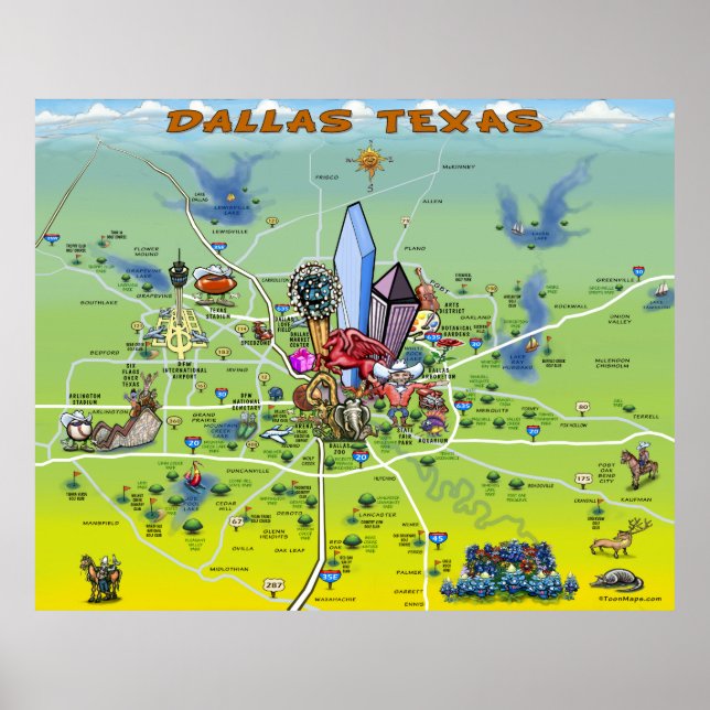 Dallas Texas Cartoon Map Poster (Front)