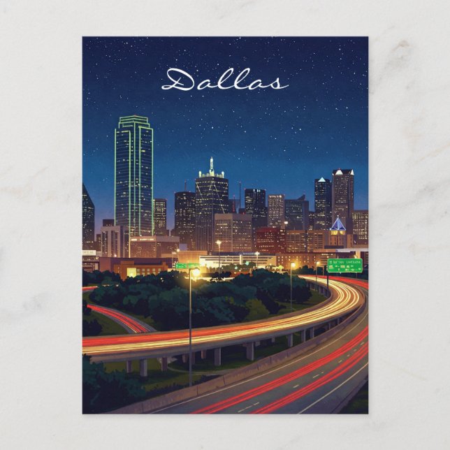 Dallas Texas Night Postcard (Front)