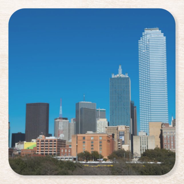 Dallas Texas skyline at sunset Square Paper Coaster (Front)
