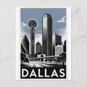 Dallas Texas Skyline Black White Woodcut Postcard