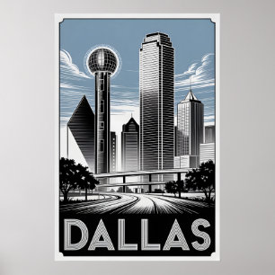 Dallas Texas Skyline Black White Woodcut Poster