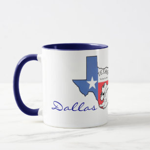 Dallas, Texas State Map with Star, Boots, Hat Mug