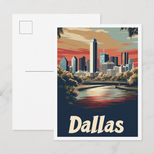 Dallas Texas USA Art Vintage Travel Illustration Postcard (Front/Back)