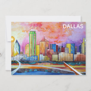 Dallas Texas Watercolor City Skyline Flat Card