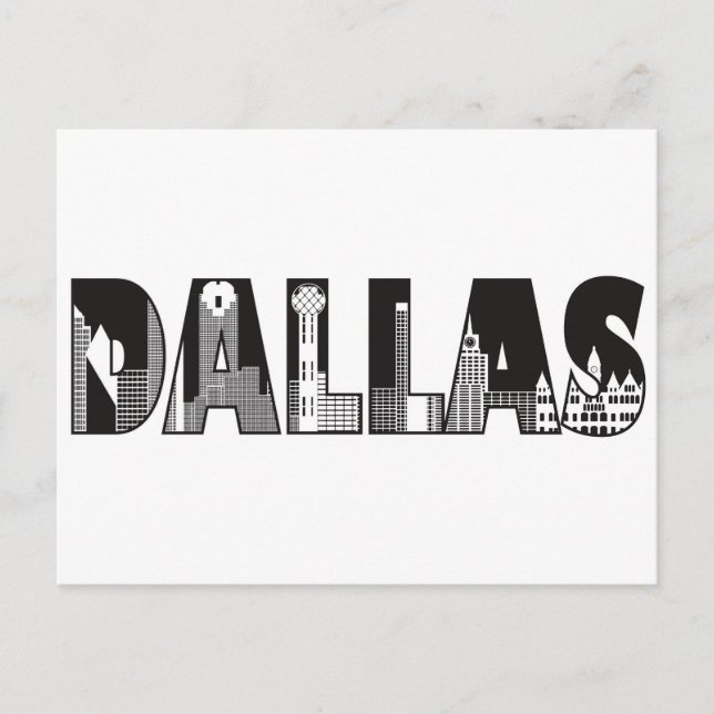 Dallas Text with Buildings Outline Drawing Postcard (Front)