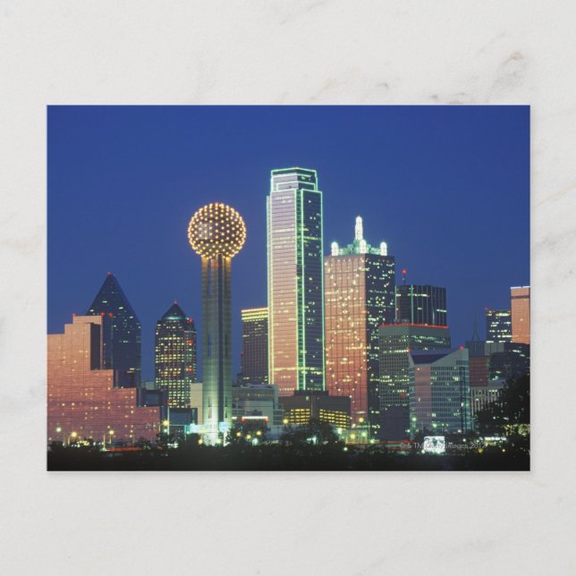 'Dallas, TX skyline at night with Reunion Tower' Postcard (Front)