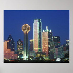 'Dallas, TX skyline at night with Reunion Tower' Poster