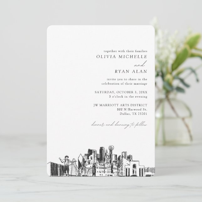 Dallas Wedding Elegant Skyline Sketch Invitation (Standing Front)