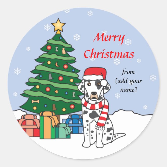 Dalmatian and Christmas Tree Classic Round Sticker (Front)