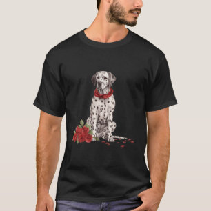 Dalmatian Black And White Spots Dog Red Flowers T-Shirt