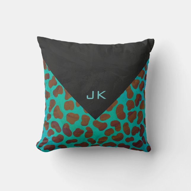 Dalmatian Brown and Teal with Monogram Cushion (Front)