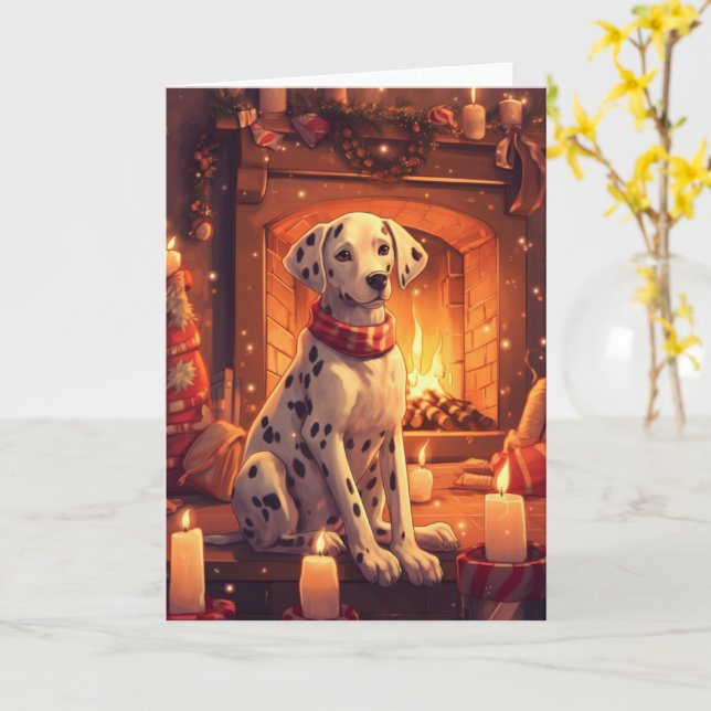 Dalmatian by the Christmas Fireplace with Cookies Card (Yellow Flower)