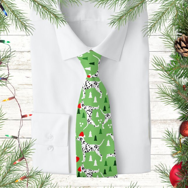 Dalmatian Christmas Holiday Green Santa Hat Dogs Tie (Dalmatian Christmas Neck Tie)