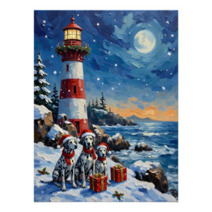 Dalmatian Christmas Lighthouse Holiday Poster