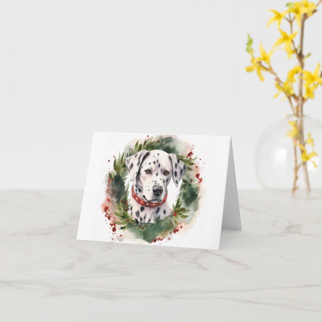 Dalmatian Christmas Wreath Festive Pup  Card (Yellow Flower)