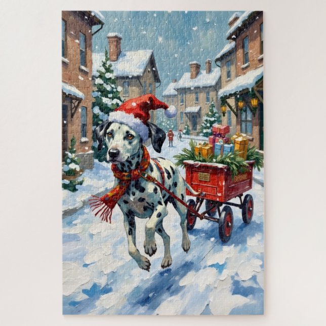 Dalmatian Delivering Toys in Christmas Wagon Hat Jigsaw Puzzle (Vertical)