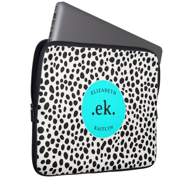 Dalmatian Dog Abstract Pattern Aqua Blue Monogram Laptop Sleeve (Front Right)