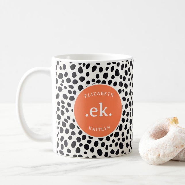  Dalmatian Dog Abstract Pattern Coral Monogram Coffee Mug (With Donut)