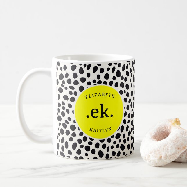  Dalmatian Dog Abstract Pattern Yellow Monogram Coffee Mug (With Donut)