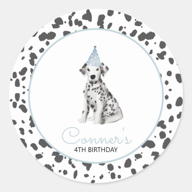 Dalmatian dog blue party favour classic round sticker (Front)