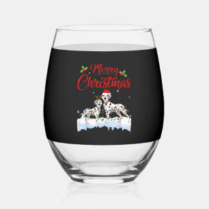 Dalmatian Dog Christmas Lights Santa Hat Xmas Dog  Stemless Wine Glass