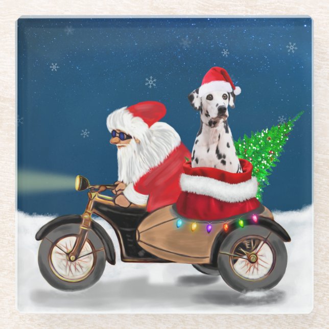 Dalmatian Dog Christmas Santa Claus   Glass Coaster (Front)