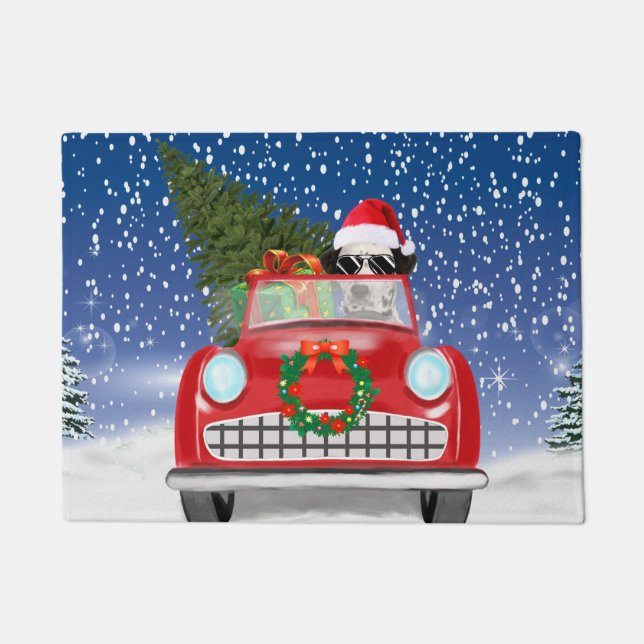 Dalmatian Dog Driving Car In Snow Christmas  Doormat (Front)
