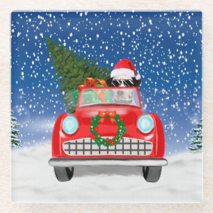 Dalmatian Dog Driving Car In Snow Christmas Glass Coaster