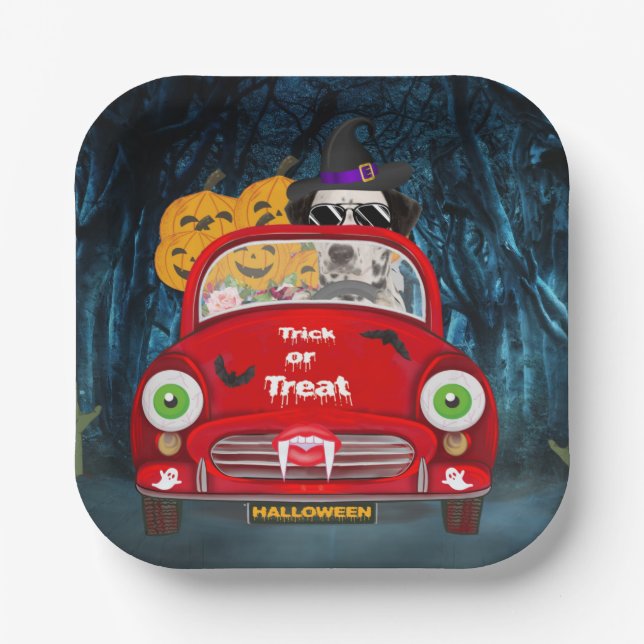 Dalmatian Dog Driving Car Scary Halloween Paper Plate (Front)