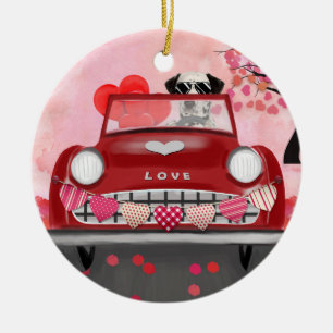 Dalmatian Dog Driving Car with Hearts Valentine's  Ceramic Tree Decoration