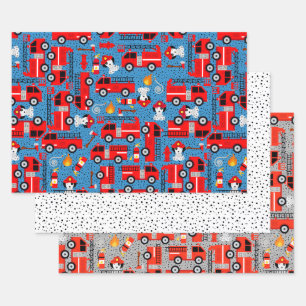 Dalmatian Dog Firefighters With Firetrucks Cute Wrapping Paper Sheet