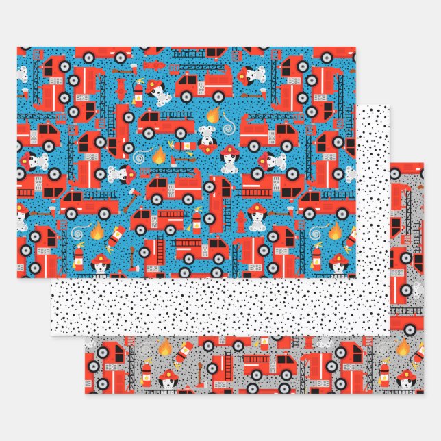 Dalmatian Dog Firefighters With Firetrucks Cute Wrapping Paper Sheet (Set)