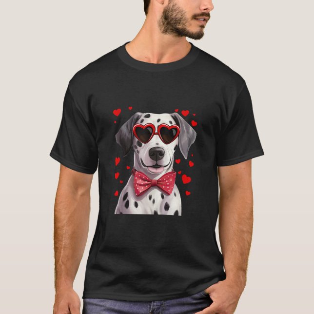 Dalmatian Dog Hearts Sunglasses Red Bow Tie Valent T-Shirt (Front)