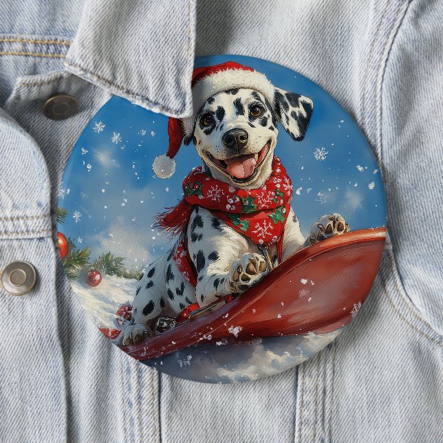 Dalmatian Dog in Sledge Let it Snow Christmas 6 Cm Round Badge (In Situ)