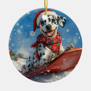 Dalmatian Dog in Sledge Let it Snow Christmas Ceramic Tree Decoration